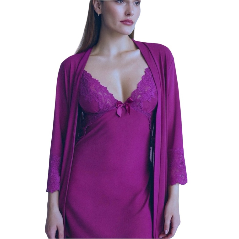 NWT Lover’s Lane 3 Piece Set Lace Purple Berry Classic Robe Slip Set Size Medium